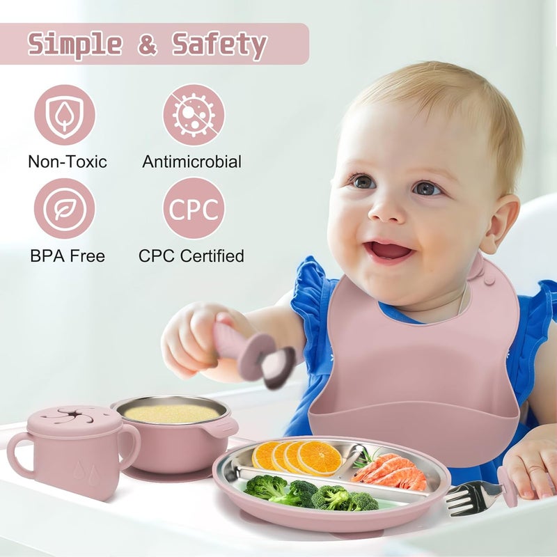 mislili Stainless Steel Kids Plates and Bowls Set with Suction, Divided Baby Plate and Toddler Bowl with Removable Silicone Suction,Stainless Steel Weaning Bundle, Silicone Baby Feeding Set (Pink) - Image 5